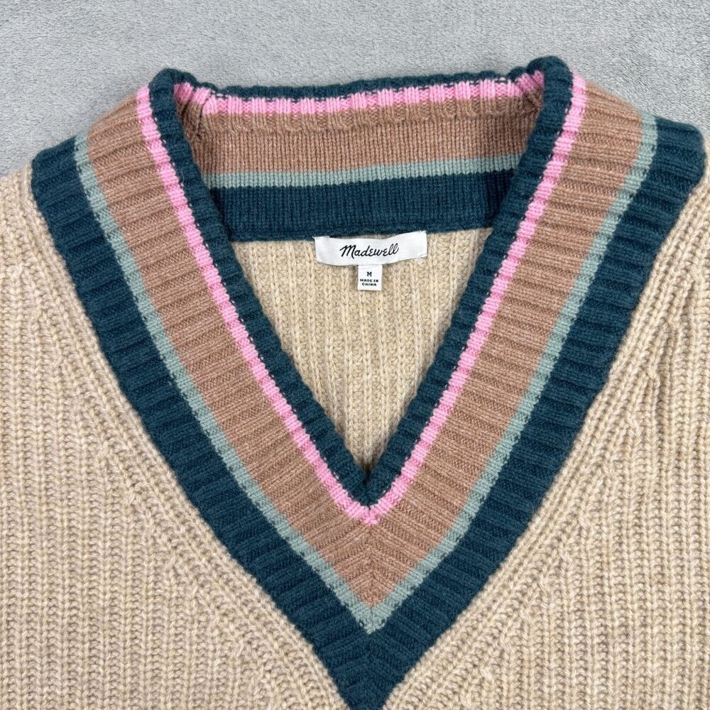 Madewell Beige V-Neck Sweater with Green and Pink Trim - Picture 3 of 8